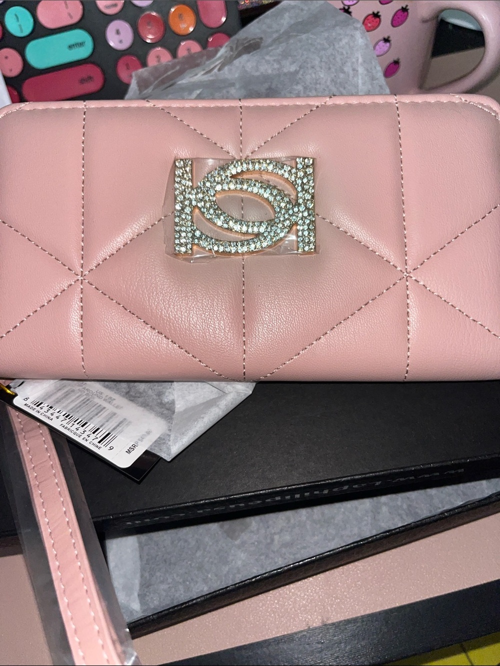 Bebe Quilted Light Pink Wallet Clutch with Crystal Emblem